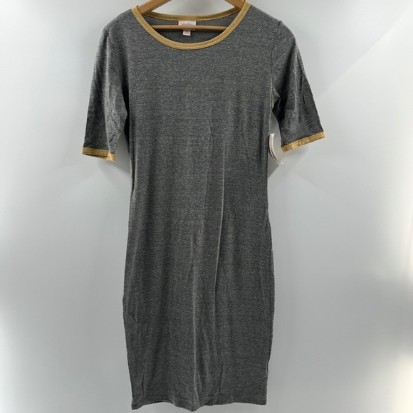 LuLaRoe Dresses & Skirts - LuLaRoe Julia Midi Dress XS Heathered Grey with Mustard Trim NWT
